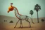 Placeholder: Enhance the surrealism in the scene with the anthropomorphic orange peel rind spiral giraffe-looking creature, emphasizing the spare, wire-peel sculpture with negative space, set in a dramatic, eerie desert with palm trees, to create a more profound and impactful visual.