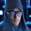 Placeholder: Cyber wizard using glasses with blue matrix backgroud