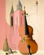 Placeholder: A pinkish tan steeple with string family instruments painted by Lyonel Charles Feininger