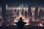 Placeholder: #image A shadow of guy coding in his apartment during midnight in New York in year 2100 looking over the city with Wonderfull lighting with flying cars .