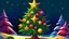 Placeholder: fantasy cartoon style illustration: a golden star on top of the Christmas tree, decorated wit red and purple christmass balls, in the snow