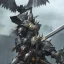 Placeholder: Human male Winged Warrior Knight in black metal mech armor wielding two giant swords ready to fight, rage, sorrow, symetrical, centered, high definition, ultra 8K, volumetric lighting, blue fire, fog, extremely detailed, hyper realistic