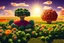 Placeholder: lifelike photography, vegetable and fruit landscape, broccoli forest, chive field, cauliflower sheep, orange sun, whipped milk clouds, raspberry flowers, cheese barn and haystack in sunshine, surrealistic