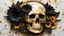 Placeholder: 3/4 marble skull with gold filigree inlay surrounded by black sunflowers model made of Hiroaki Takahashi art ultra perfect composition 3d liquid detailing fluid acrylic by Greg Tocchini, James Gilleard, Joe Fenton Kaethe, Butcher Bosch, Dan Mumford, Kandinsky art style [collage] [splatter] [streak] [crop] [cut]