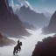 Placeholder:  mountains with medieval knight traveling on a horse in the background