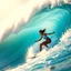 Placeholder: Dramatic sports photography of an female asian surfer surfing a big wave, sunny, vivid colors