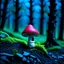 Placeholder: "Close up of a wonderful tiny Mushroom Tower home. indigo and red with bright white, deep black and contrasting tones of gray. Illuminated bioluminescent forest. Professional painter, master at composition. small but detailed. broken, blurred background, voluminous lighting"