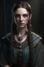 Placeholder: Young female high elf noble wizard with dark black eyes and very pale skin long dark hair with braids in, photo realisim fantasy dungeon and dragons