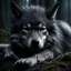 Placeholder: sad small scruffy wolf wearing a silver chain around its neck laying down eyes closed, photorealistic, 4k, dark fantasy, forest