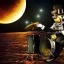 Placeholder: android one man band, full moon background center large, steampunk style,