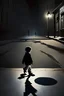 Placeholder: A boy playing on the street at midnight with his shadow