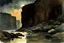 Placeholder: Night, rocks, cliffs, puddle, mountains, sci-fi, fantasy, very epic, winslow homer watercolor paintings