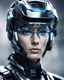 Placeholder: Face of Hi tech futuristic soldier cyborg with enhanced vision, wearing sleek, metallic headgear reminiscent of Google's Project Glass.