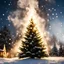 Placeholder: Extreme Macro Photography, HD, Photo Realistic. Centered. Linear perspective,merry christmas, christmas tree, smoke trailing out chimney, white snowflakes falling . Backlit by very soft golden glow lighting