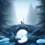 Placeholder: fantasy art of close up on big wolf and a wizard walking under very tight tree bridge over icy water