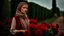 Placeholder: back to the camera a dark blonde young woman in old hungarian pale brown villager cloths and headscarf stands in front of the nice red rose bush, und dark red running roses around, high detalied, sharp focus, high realistic, perfect photo