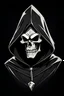 Placeholder: 1970s goofy character of a skull face character wearing a black hooded cloak, drawn in a early animation style, inside a lighter diamond shape on a black background, monochromatic