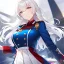 Placeholder: Clear focus, High resolution, medium length hair, white cyan hair, cyan eyes, wearing a american uniform, Sighing, wearing a medium skirt,