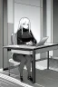 Placeholder: thin hacker girl use a laptop on a table sitting in a cafe, line arts, greyscale