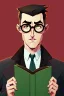 Placeholder: Fit man in round glasses with bookshelf in background, stubble,no beard, reading book, slim, tie, monotone, green eyes, comic book style, two tone colours, detailed, ink, realistic, handsome, square jaw, big brows, no jacket, bird on the shoulder, spotlight