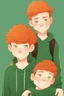 Placeholder: cartoon style, dark colors, two teenage brothers, ginger hairs, one is slim, second chubby and lower, typical teenagers, white faces, green eyes, characteristic standing pose for book cover, white background