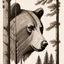 Placeholder: M shaped bear head combined with woods silhouette in backround, letterpress style, minimalistic pencil art