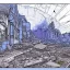 Placeholder:  line Art coloured, destroyed, post apocalyptic, darkblue tones,