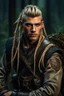 Placeholder: photorealistic hyperdetailed portait of 20-year-old german male, as mercenary with long blonde braided and undercut hair, tribal tattoos and neatly trimmed beard wearing modern mercenary uniform dark fantasy forest backdrop