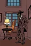 Placeholder: wingback chair and a small table with lamp, with a man standing beside wearing a gas mask and wide brimmed flat top hat, elevated downward perspective, window at rear, graphic novel