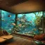 Placeholder: a gorgeous, stunning underwater room with glass wall, livingroom, dark wood floor, foliage, ocean marine life, 8k resolution, high-quality, fine-detail, iridescent, intricate, digital art, detailed matte, volumetric lighting, illustration, 3D octane render, brian froud, howard lyon, selina french, anna dittmann, annie stokes, lisa parker, greg rutowski, George Grie, Ben Goossens, Igor Morski