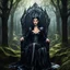 Placeholder: Morena Baccarin as a beautiful sexy dark elf queen seated elegantly on a throne in a mystical forest, dark celtic vignette frame, photo-realistic, cinematic lighting, award-winning photography