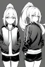 Placeholder: blonde girl with ponytails dressed in a jacket and shorts walks briskly, front view, greyscale