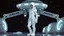 Placeholder: "Artistic photography (((FULL BODY from HEAD to FEET +profile))), enormous almond shape lighted crystal clear eyes, she is dressed in a white shiny jumpsuit she is a gorgeous smiling extra terrestrial woman with indigo purple blue skin with a high elongated skull like a magnum bottle, 40 y/o asian, she wears white snow boots, and she is outside on the flying saucers large landing deck of the space station in cosmos.