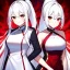 Placeholder: Clear focus, 8k, beautiful lighting, vibrant colors, girl, white hair, long hair, vibrant red eyes, ponytail, same twins, white hair, red eyes, same clothes,