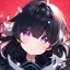 Placeholder: Clear focus, High resolution,a anime kid, roughline skecth, cute, cartoony style,interesting hair between eyes,black hair,, fluffy hair,long bangs,purple eyes, front view, background is space with stars, wearing a black sailor uniform