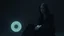 Placeholder: A solitary woman sitting alone in an endless void of darkness, pale skin, large hollow dark eyes with deep shadows underneath, wearing tattered black robes, empty expression, staring into nothingness. Only a faint circle of dim light surrounds her. Absolute loneliness, emotional emptiness, existential despair, abandonment, silence, vast darkness consuming everything beyond the light. No other people, no faces, in background a big monster eye, vibe surrealism, thriller atmosphere, cinematic