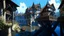 Placeholder: medieval buildings with balconies overhanging a river, blue sky and people, photorealism, trees, foliage, piers, ultra-sharp image, sharp focus