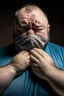 Placeholder: Fat man crying with a mask on