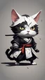 Placeholder: I want a wallpaper, with a black and white cat, one eye is missing and scarred, I want the cat to be a murderous samurai, with a humanoid posture and looking straight ahead. I want you to hold the head of a decapitated mouse in your hand.