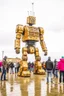 Placeholder: little people looking at huge dancin giant robot of vitalik buterin at burning man festival in the rain