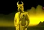 Placeholder: a realistic photo of minotaurus from head to torso wearing flashing yellow tuxedo with blur nuclear bomb test background at night.