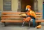 Placeholder: Half parrot half human in a 1700s Orange Dutch uniform siting on a bench in a Dutch city eating a loaf of bread