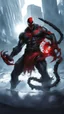 Placeholder: Venom symbiote with kratos Beard and red tattoos and Clothes, holding blade of choice