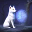 Placeholder: albino shiba inu, ethereal blue violet aura, Orion, orbs, hunter