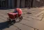 Placeholder: Looking downward into a baby carriage on a sidewalk. There is a baby that looks like a young Donald Trump inside