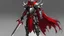 Placeholder: Silver and red fantasy demon armour, with a red cape, with a silver and red two-handed sword