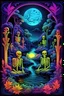 Placeholder: neon skeletons, 3D embossed textured ethereal image; midnight hues, extreme colors, neon skeletons in a graveyard by a river; trippin', psychedelic, groovy, art nouveau; indica, sativa, leaves, gig poster art, macabre, eldritch, bizarre, extreme neon colors, mixed media, velvet, blacklight, uv