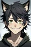 Placeholder: A male anime man with messy black hair, black cat ears, smiling.