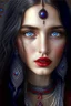 Placeholder: Russian gypsy girl, age 20, beautiful blue eyes, long curvy hair, maroon lips, middle eastern skin, black dots on middle of forehead, innocent look, silver ornaments, portrait, detailed