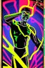 Placeholder: 70s Black light poster design in the style of George Goode, featured “a black man rais[ing] his unshackled fist while the background bursts with fluorescent yellow flame.” neon fluorescent glow, psychedelic, bright, shimmering, fluorescent colors pop and sizzle, mystique, cosmic